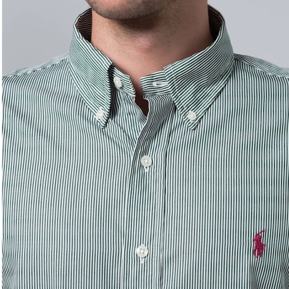 Ralph Lauren Men’s Large Custom Fit Button Down Oxford Shirt Green Pinstripes